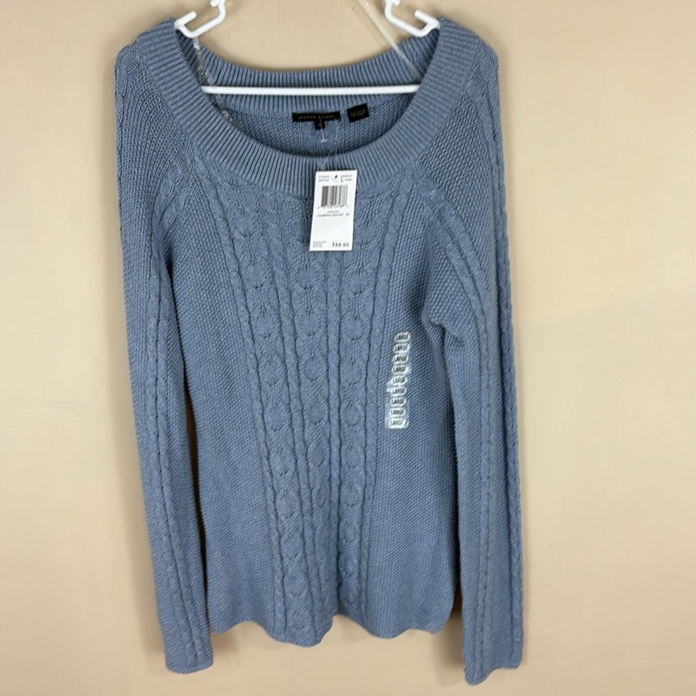 Jeanne Pierre Light Blue Cotton Mixed Cable Knit Sweater Size Large NWT